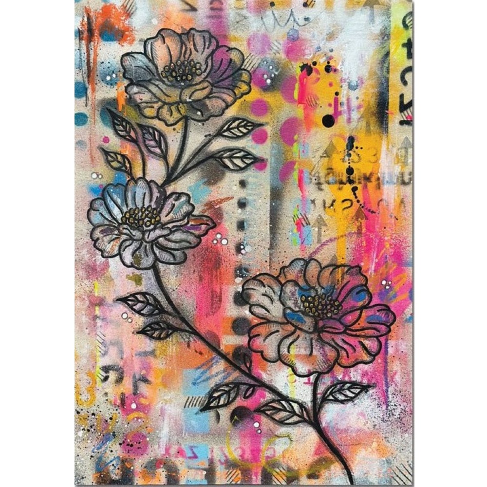 Shop item. Deep edge canvas picture of peony flowers on an urban style spray painted background. £120