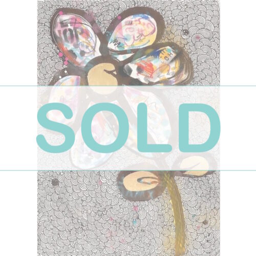 Shop item. Deep edge canvas picture of daisy style flower with urban style spray painted petals and gold leaf detailing on an ink pattern background. £350