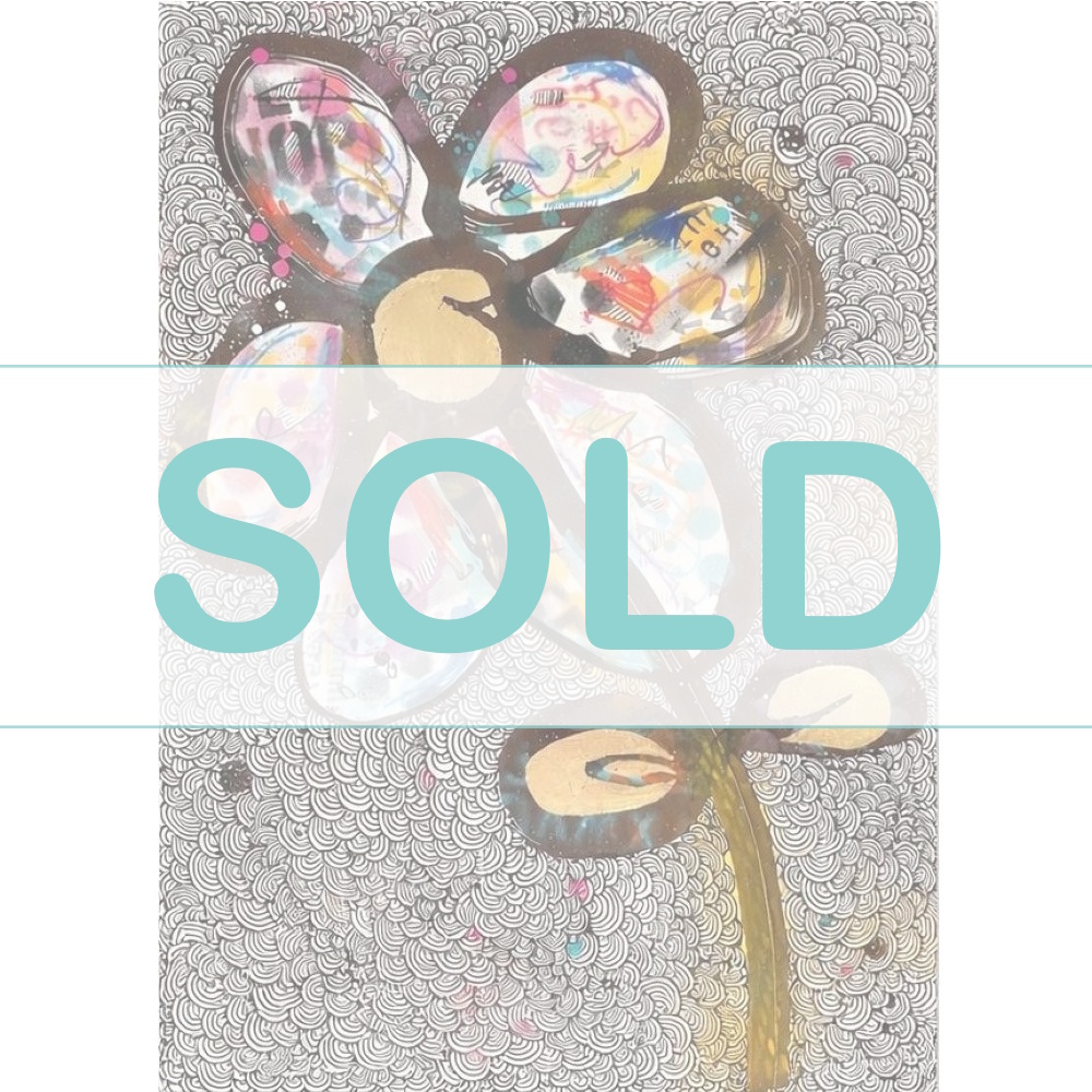 Shop item. Deep edge canvas picture of daisy style flower with urban style spray painted petals and gold leaf detailing on an ink pattern background. £350