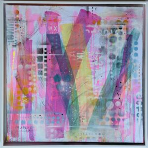 Shop item. Deep edge canvas picture with a white frame. Bold colourful urban style spray painted work using stencils and mixed media. £400