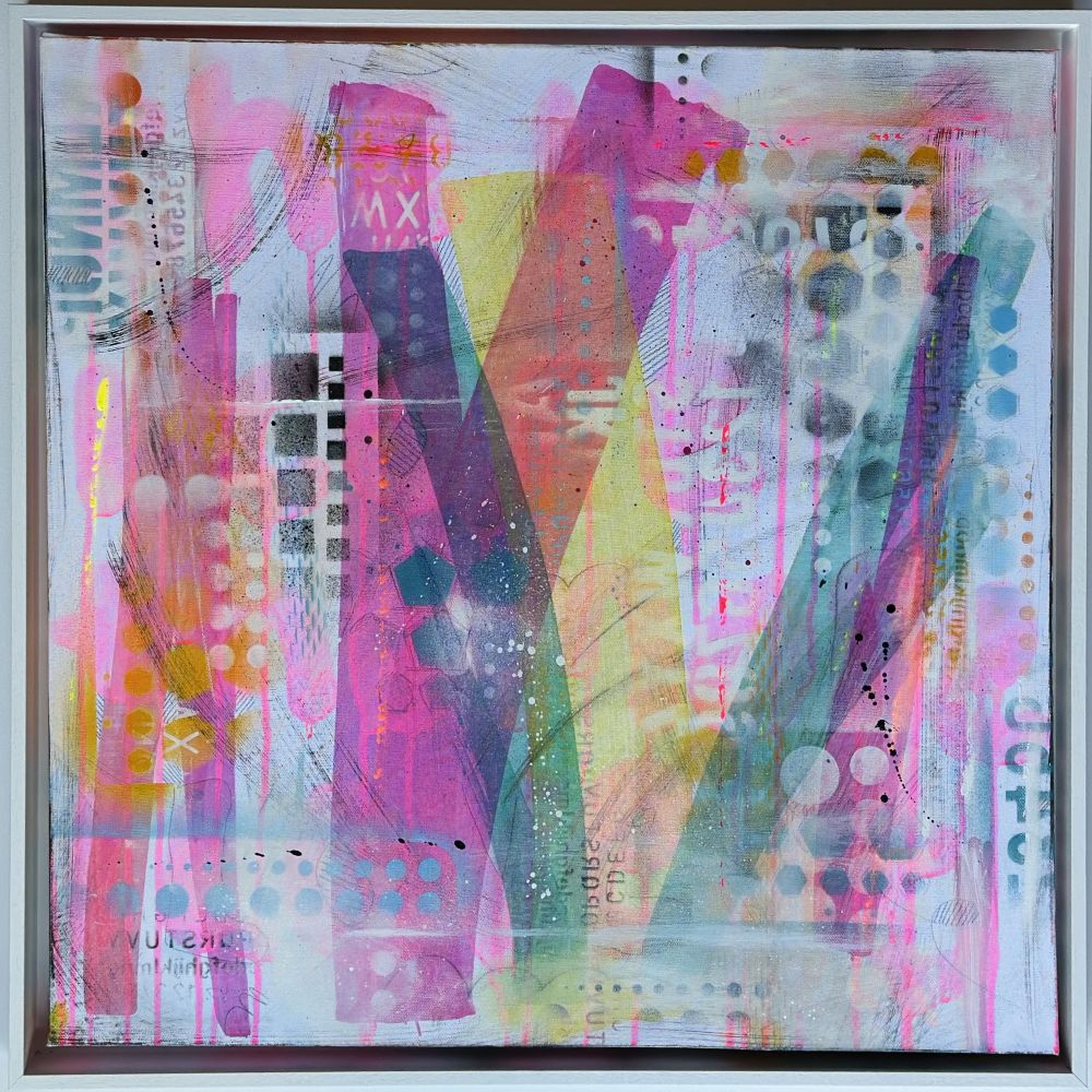 Shop item. Deep edge canvas picture with a white frame. Bold colourful urban style spray painted work using stencils and mixed media. £400