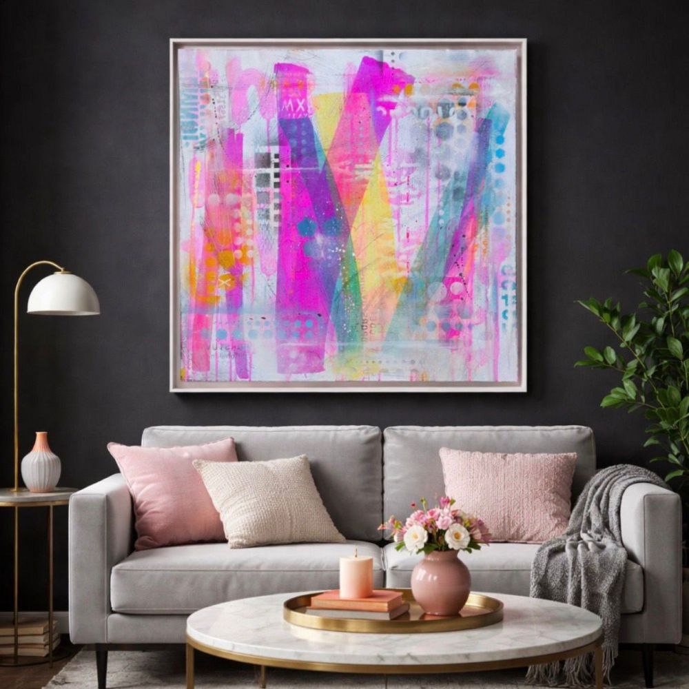 Shop item. Deep edge canvas picture with a white frame. Bold colourful urban style spray painted work using stencils and mixed media. £400