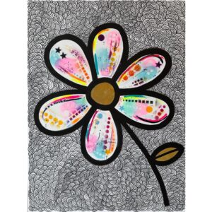 Shop item. Deep edge canvas picture of daisy style flower with urban style spray painted petals and gold leaf detailing on an ink pattern background. £950