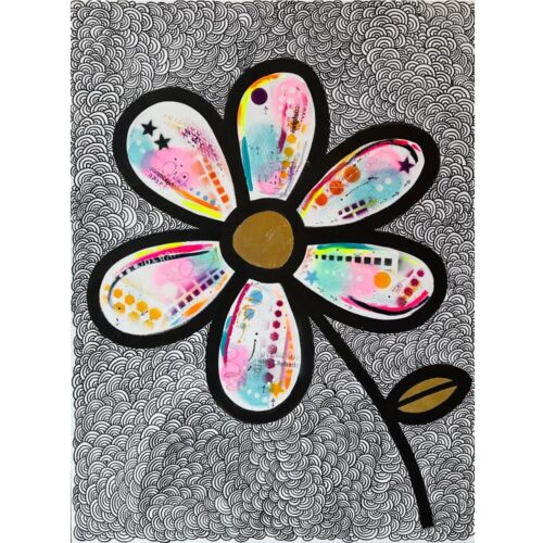 Shop item. Deep edge canvas picture of daisy style flower with urban style spray painted petals and gold leaf detailing on an ink pattern background. £950