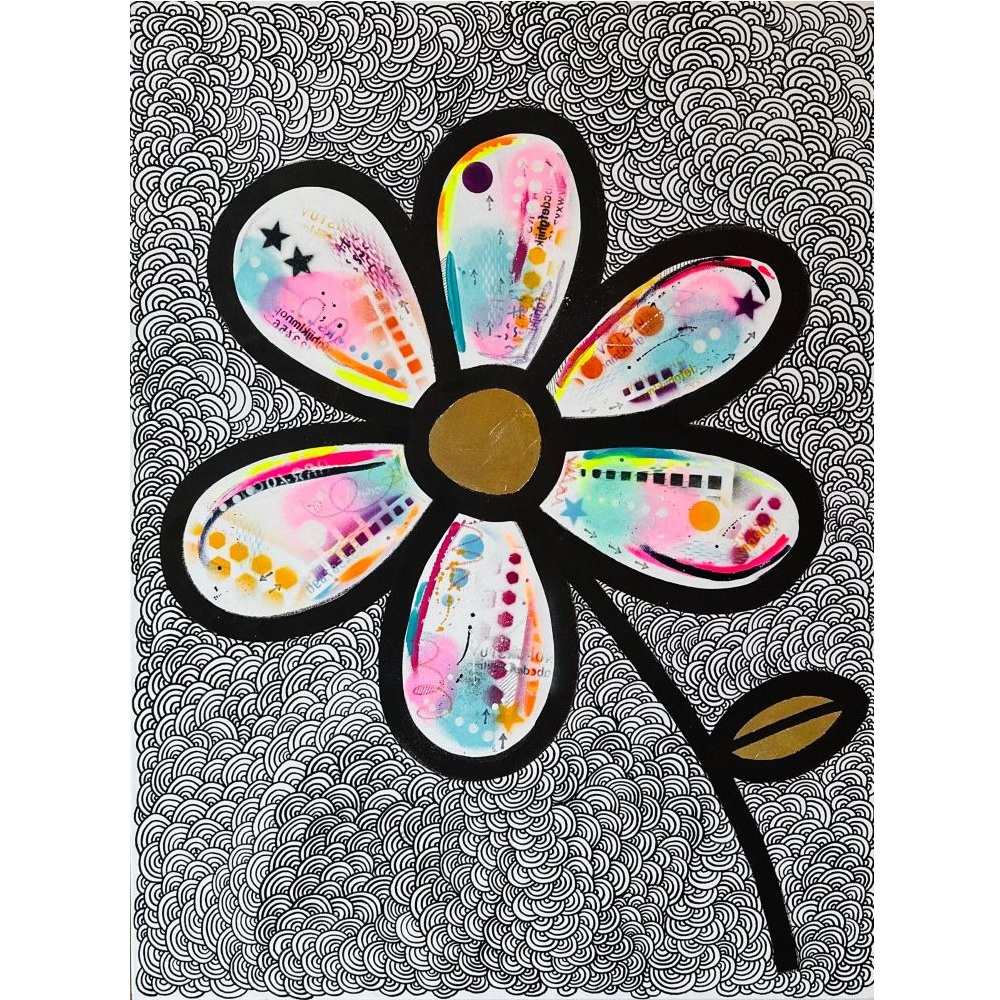 Shop item. Deep edge canvas picture of daisy style flower with urban style spray painted petals and gold leaf detailing on an ink pattern background. £950