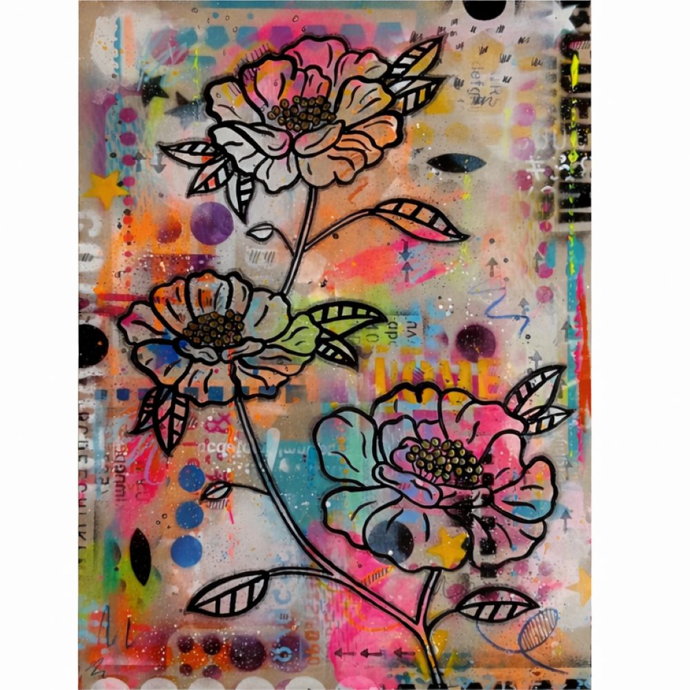 Shop item. Deep edge canvas picture of peony flowers on an urban style spray painted background. Framed. £380