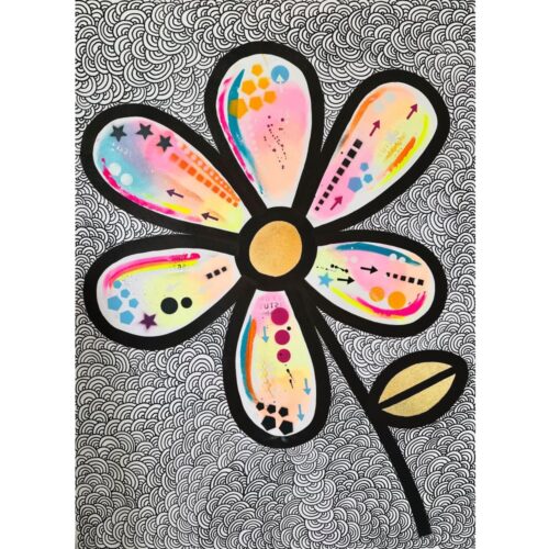 Shop item. Deep edge canvas picture of daisy style flower with urban style spray painted petals and gold leaf detailing on an ink pattern background. £950