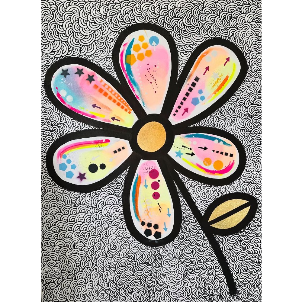 Shop item. Deep edge canvas picture of daisy style flower with urban style spray painted petals and gold leaf detailing on an ink pattern background. £950